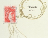 Handmade Thank You Cards, Set of 4, Talking Bubble, Blank Inside, Repurposed Postage Stamps, Gold Stamping,Paper Goods