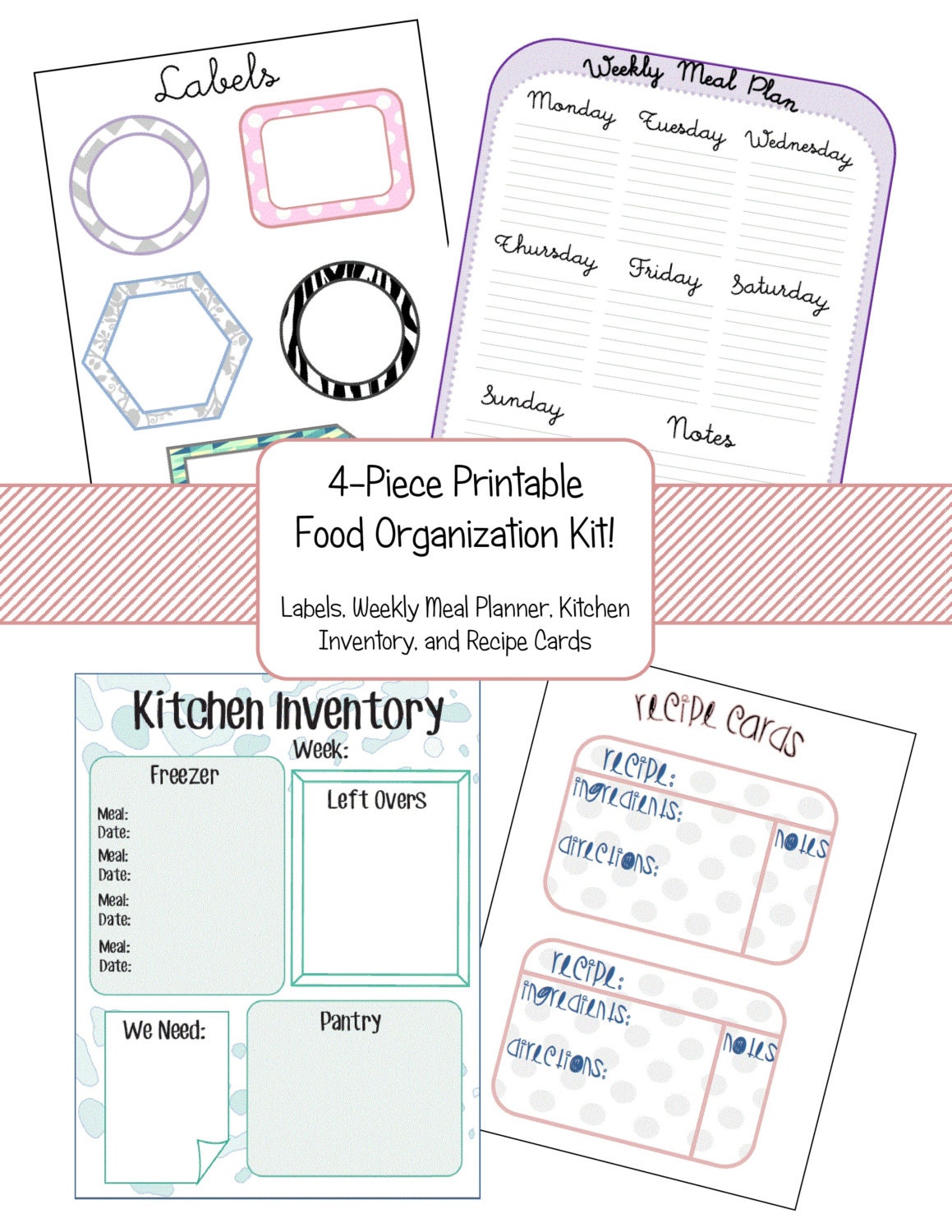 Food Organization Kit - Meal Planner, Labels, Kitchen Inventory, and Recipe Card PDF Printables