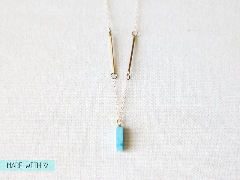 Cerulean - Turquoise Bar Stone Pendant with Brass Accent on Gold Filled Chain Necklace  - Fun, Simple and Minimal Jewelry by Catabot