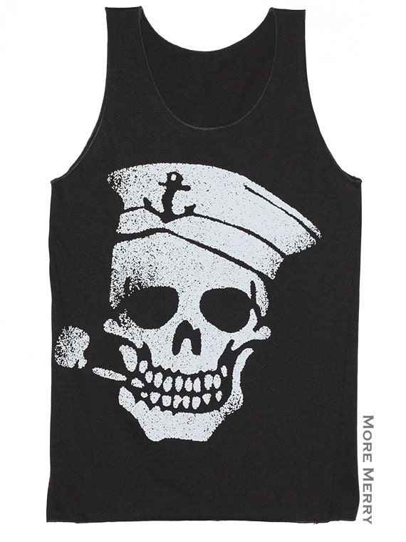 Skull Sailor Pipe Art Singlet Vest Tunic Tank Top Charcoal Black Sleeveless Shirt Women Indie Punk Rock T-Shirt Size S-M