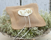 Ring Bearer Pillow--Glitter Initials, Custom, Natural Burlap Pillow, Cream Wood Heart, Cream Ribbon, Made To Order
