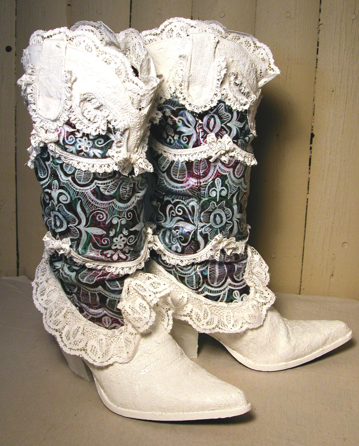 Romantic Hand Painted Southern Belle Lacy White Cowgirl Boots, US Womens Size 9