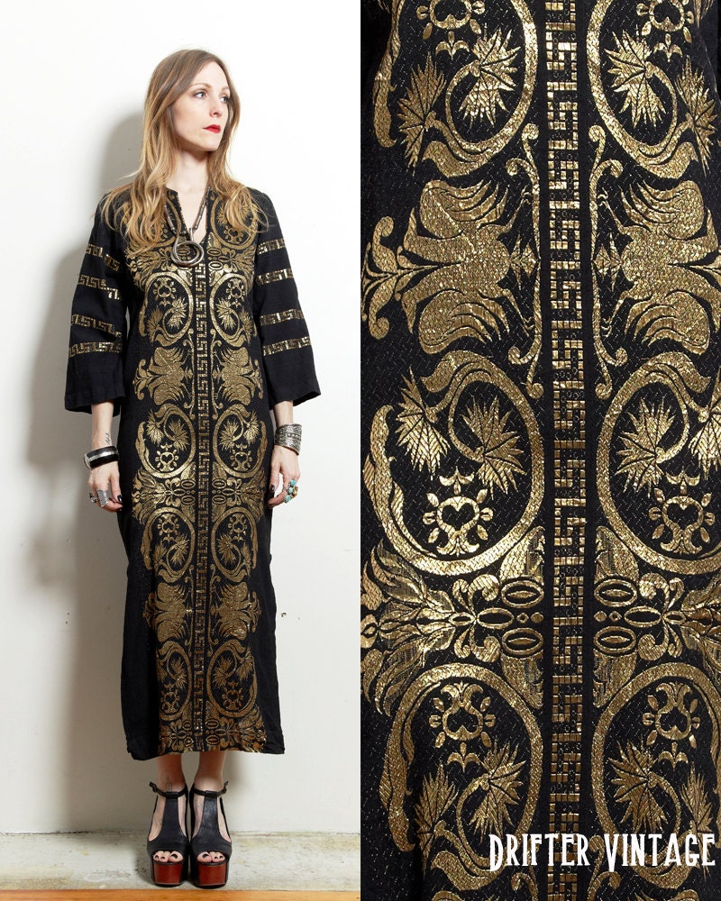 Vintage 80s vintage black metallic gold BOHO hippie rocker goth ETHNIC tribal tunic caftan maxi DRESS