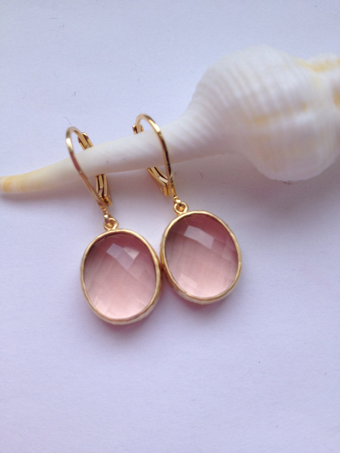 Light Peach citrine gold plated earrings - Pastel pink Chalcedony Earrings - Gold Earrings - Bezel Set Earrings - Dangle Earrings - Gift