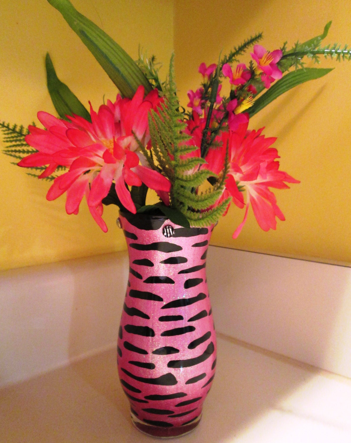 Pink Glass Vase Zebra Print Hand Painted by CreativeGlassByBecky