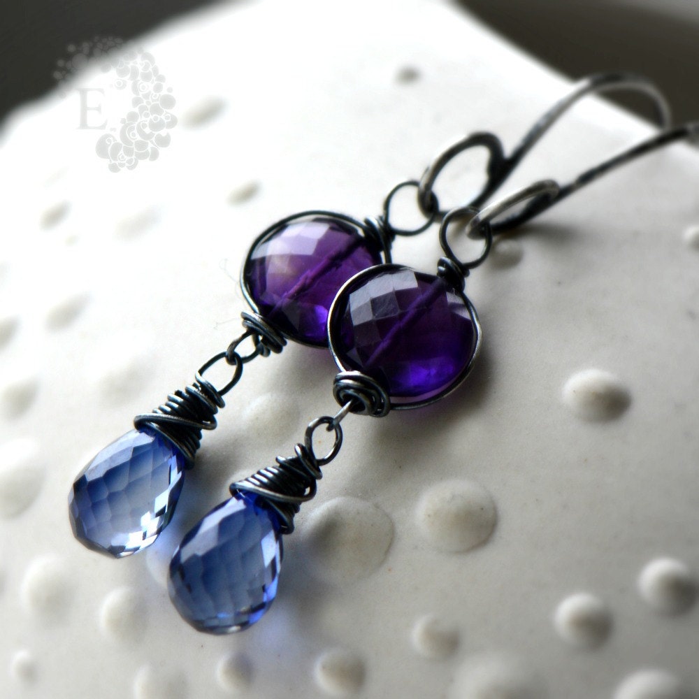 oOo The BLUEBERRY Earrings oOo dark purple amethyst & kyanite blue corundum quartz emily gray