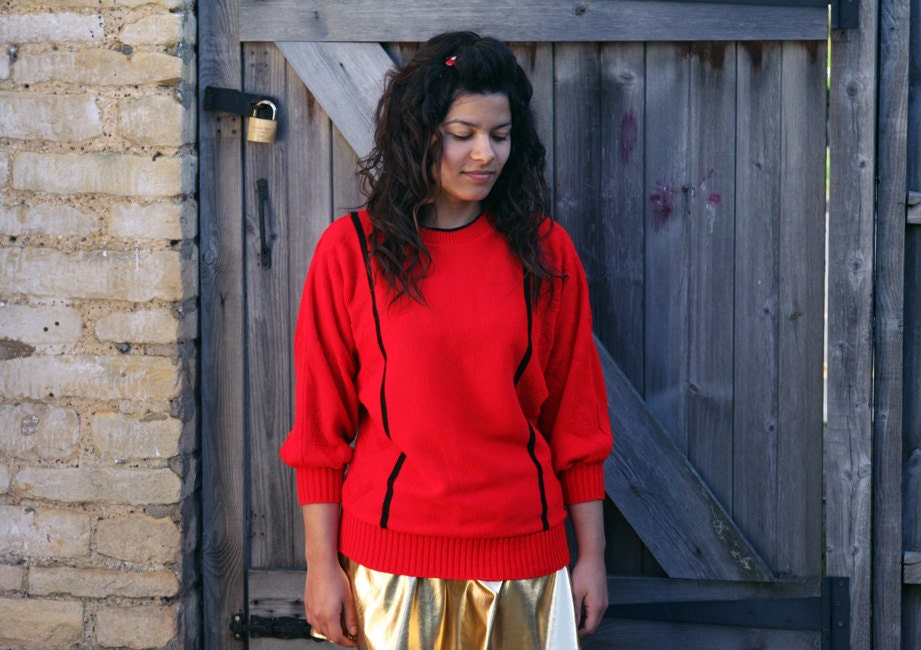 Vintage Red and Black Batwing Slouchy Jumper Size M - Knitted Sweater Top Oversize Stripy 90's 80's Grunge Bright Patterned Retro Womens