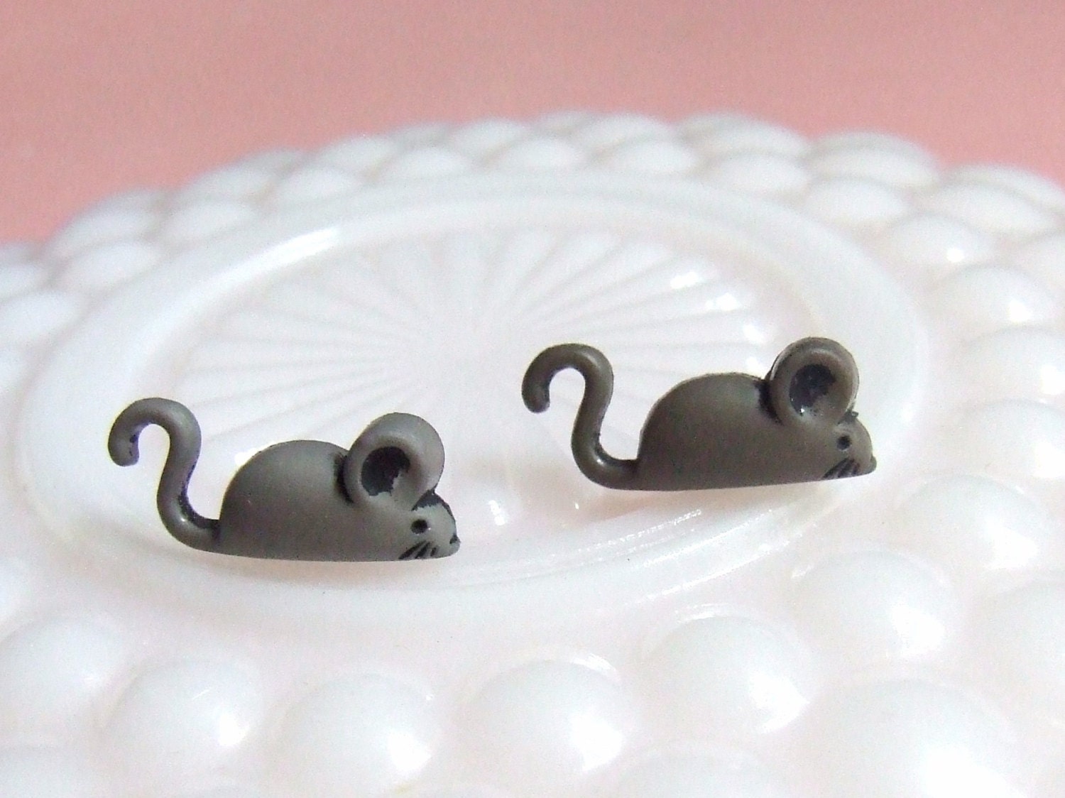 Grey Mice Stud Earrings - Post Earrings - Plastic Earrings - Pet Rat - Pet Mouse - Kitsch Kawaii Cute -  Hypoallergenic Nickel Free