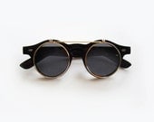 Flip-Up Round Horn Rim Sunglasses - Retro, Vintage-inspired - Black and Gold