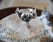 Memento Mori Ring Solid Sterling Silver Conjoined Winged Skulls Snake form a Heart