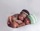 Twin Set - Perfect Fit Beanie and Coordinating Tie Back boy girl twins sage green cream off white pearl photography prop
