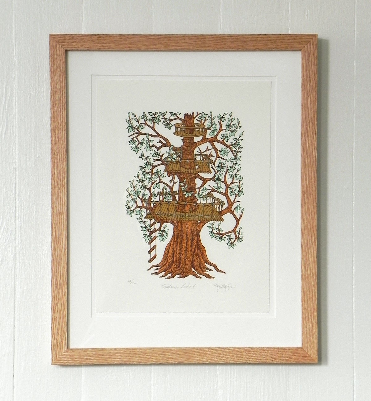 TREEHOUSE LOOKOUT Woodcut Print, Woodblock Print (Archivally Framed in Natural Oak)