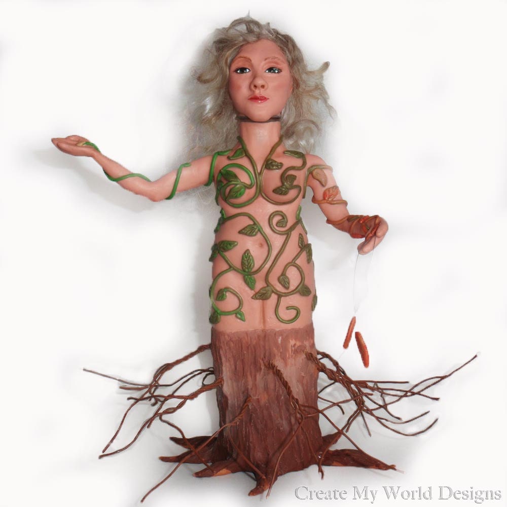Art Doll Female: human figure form mother nature four seasons polymer clay working bottle leaves vines tree spring summer fall winter autumn