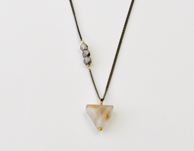 Halcyon - golden rutilated quartz & olive beads long antique brass necklace - modern jewelry edor