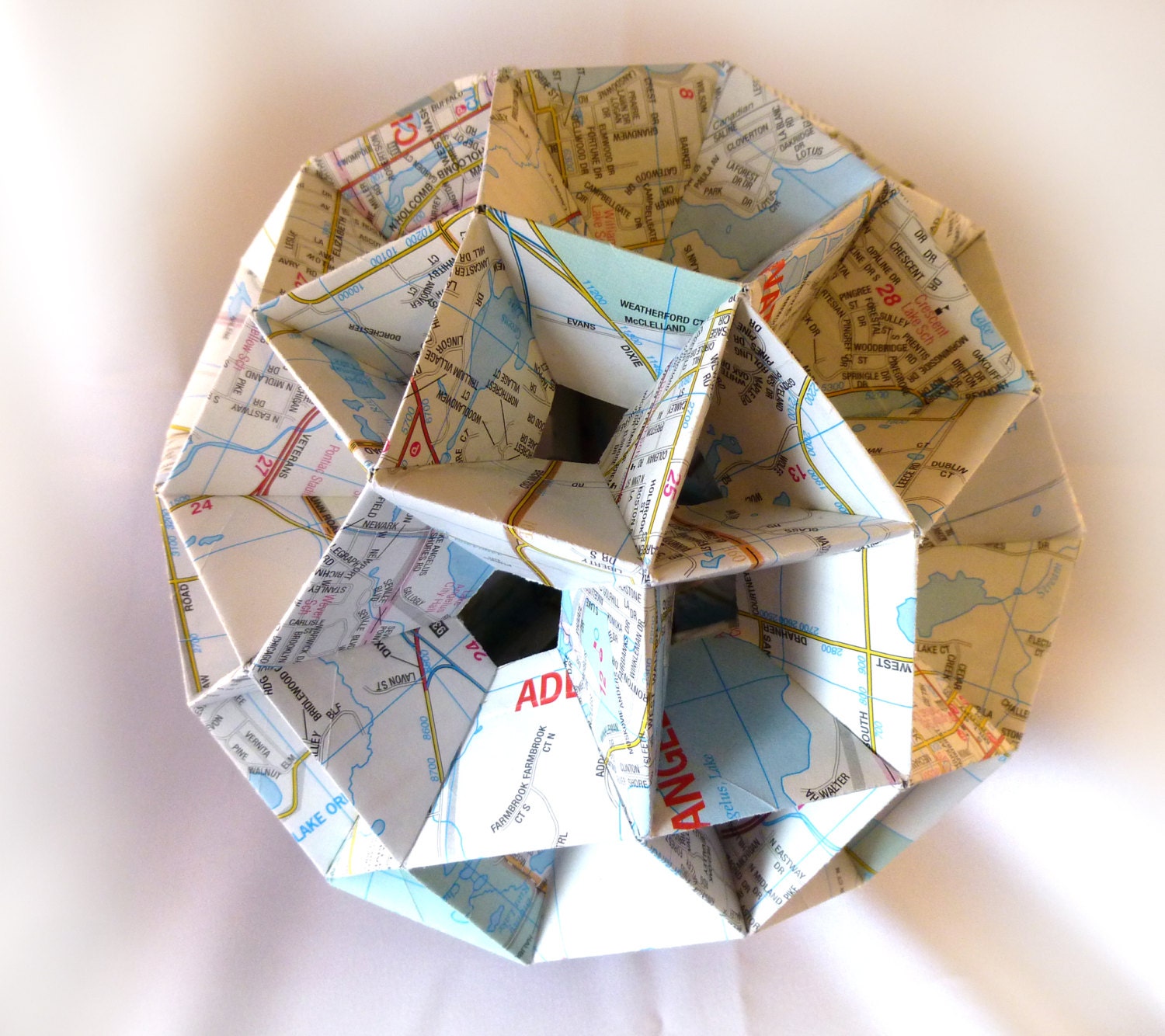 Map Origami- geometric ball origami made from maps of Michigan