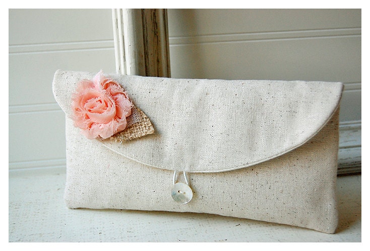 peach clutch burlap purse wedding rustic raw cotton linen shabby rose color choice purse Personalize Bridesmaid party gift MakeUp