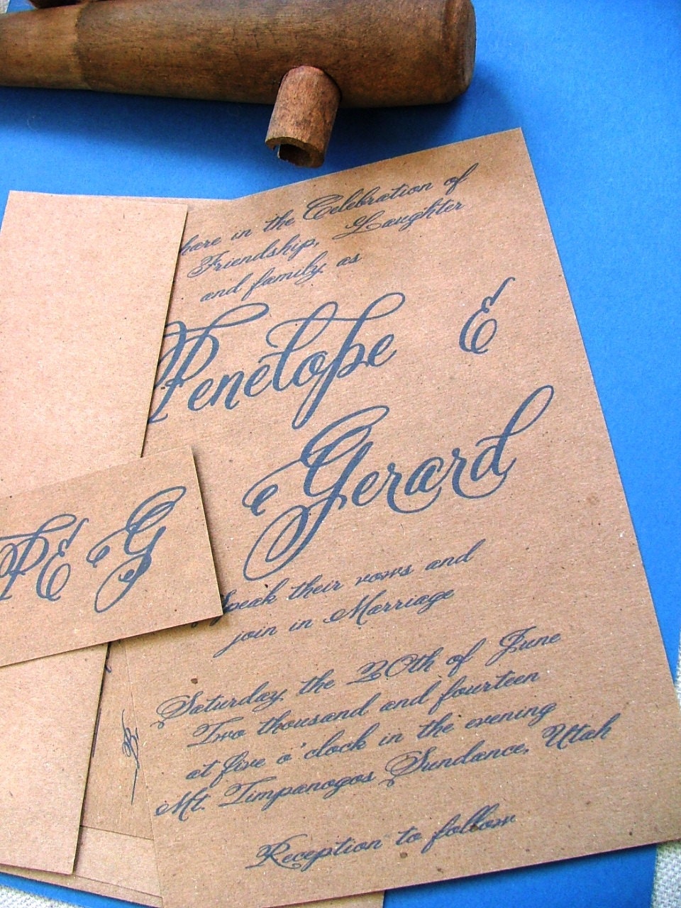 Kraft and blue wedding invitation set : a deposit to begin