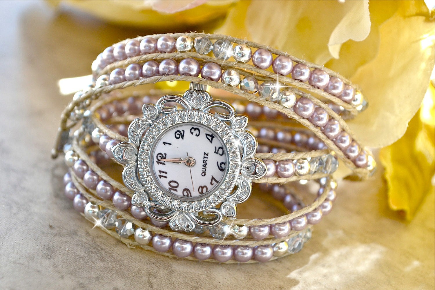 Purple Pearl And Silver Crystal Wrap Watch