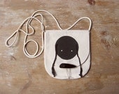 Cross body Shoulder Sling Bag purse. Hand printed white natural cotton canvas small pouch style bag with faux horn button. Black Circle.