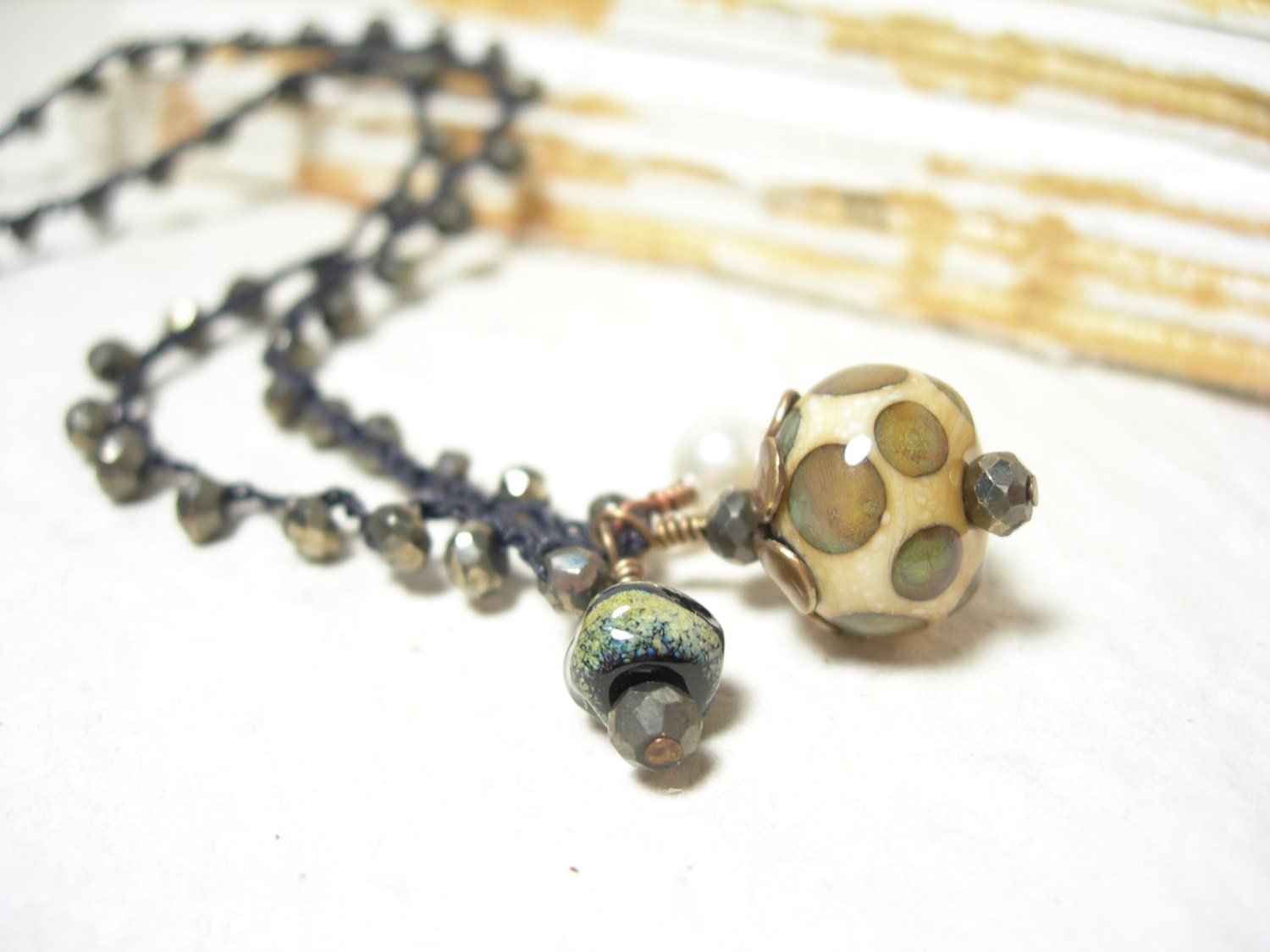 Sage green necklace lampwork one of a kind beaded crochet charmed