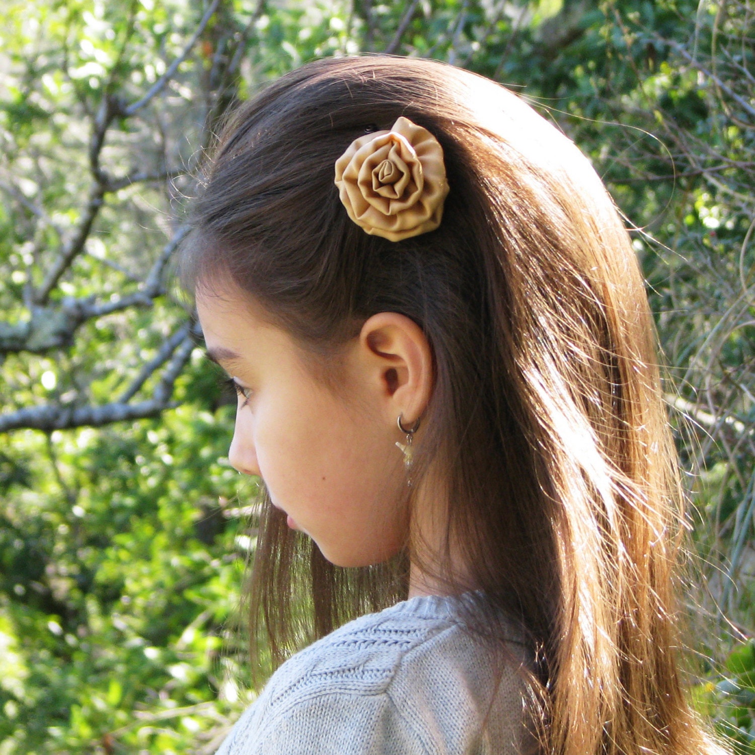 Fabric rose hair clip, in sandy gold silk, small