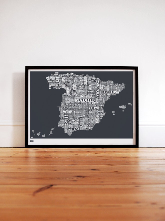 Spain Type Map in Sheer Slate - decorative screen print