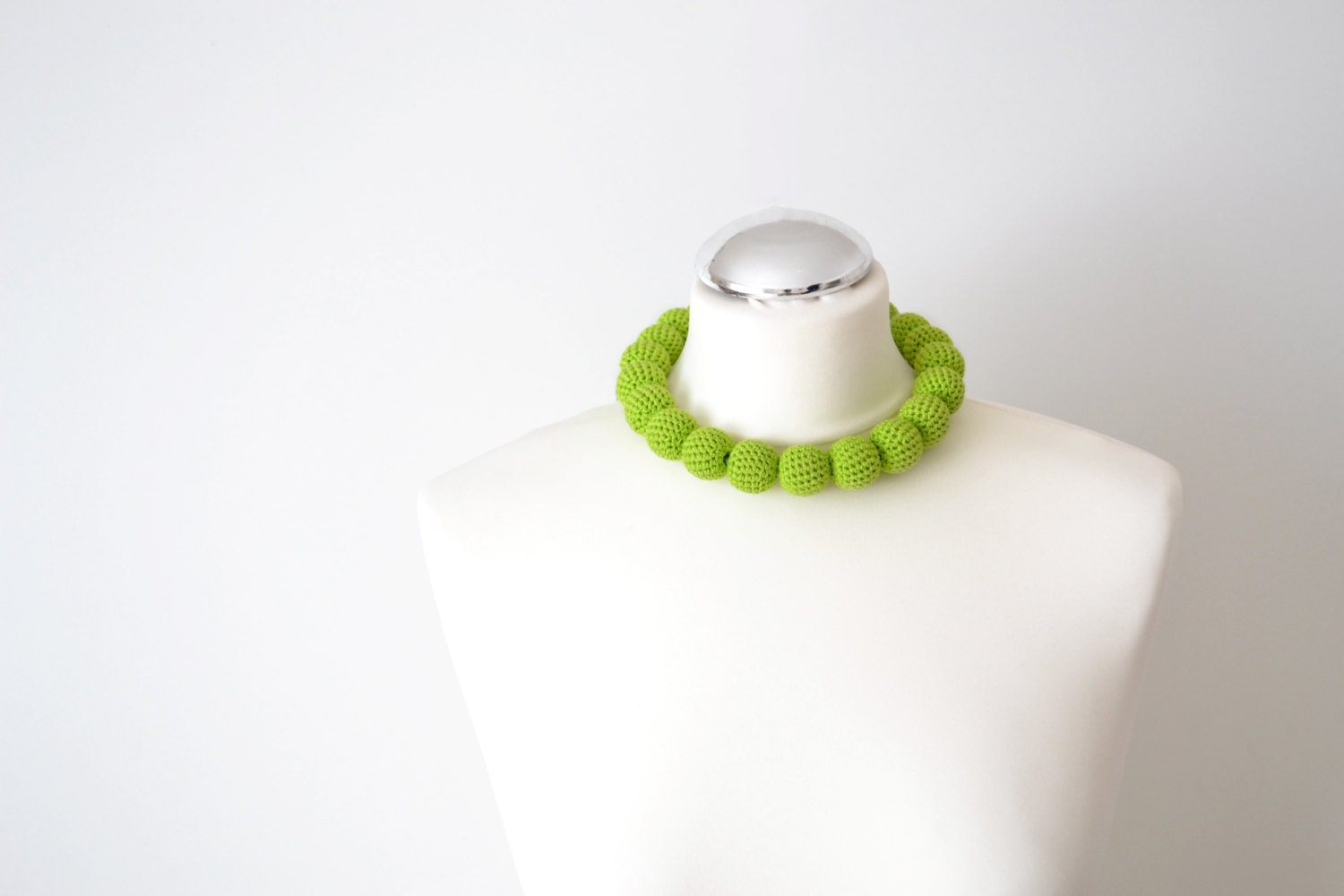 big crochet bead urban whimsical necklace in bright green color - handmade textile bold fashion necklace, great gift for her in boho style