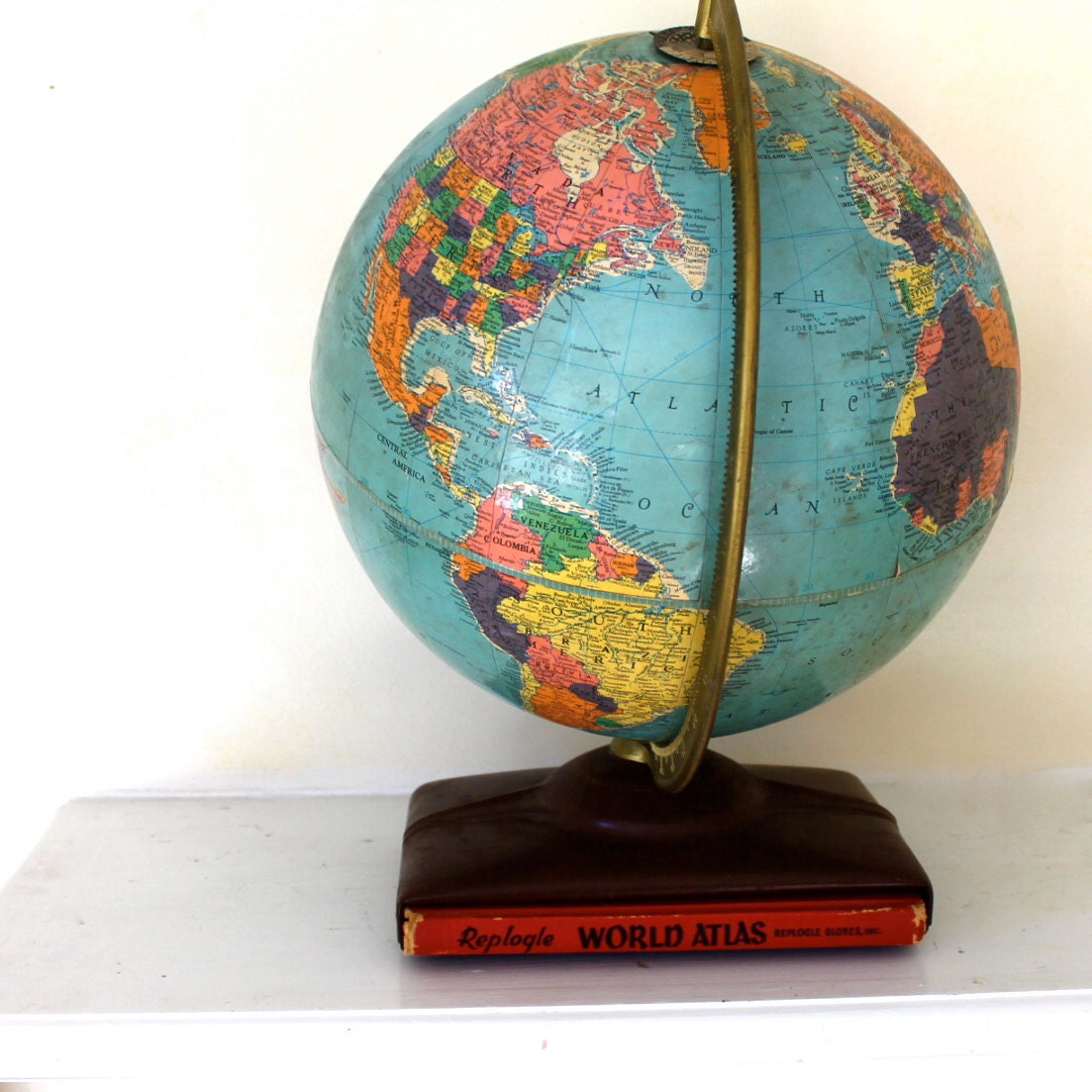 Vintage Replogle 1950's Reference World Globe with map of the world, book holder on the base