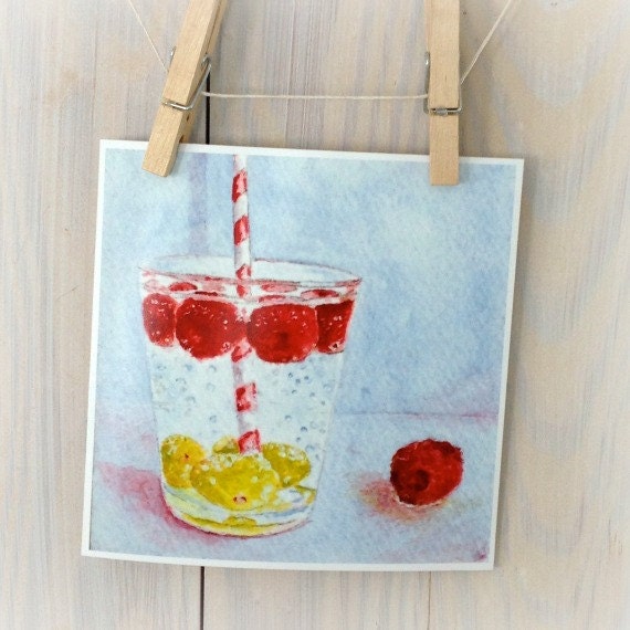 Raspberry fruit drink, summer still life watercolor illustration print, kitchen art 6x6 fine art by Cathie Carlson