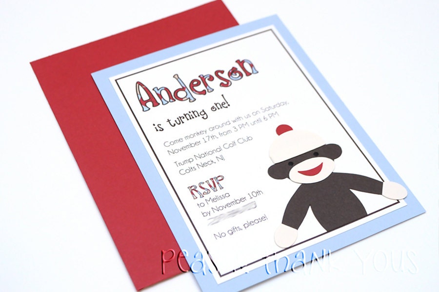 Sock Monkey Invitation for Boys Birthday Party or Baby Shower Il_570xn
