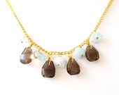 Aquamarine, Smoky Quartz Gold Chain Necklace