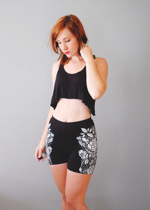 Carmen Bike Short - Black with White - Romantic floral Printed Shorts Tights Printed flower Bike Shorts - by Bark Decor