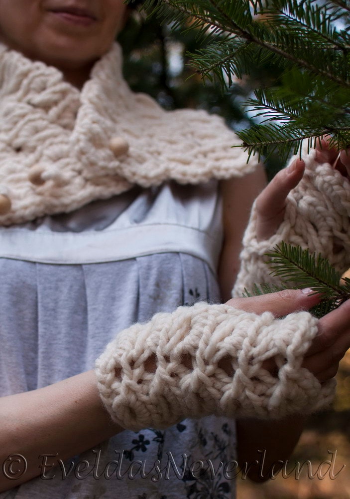 Romantic handknit designer chunky lace texture fingerless gloves wrist warmers in cream READY TO SHIP also made to order in 18 other colors