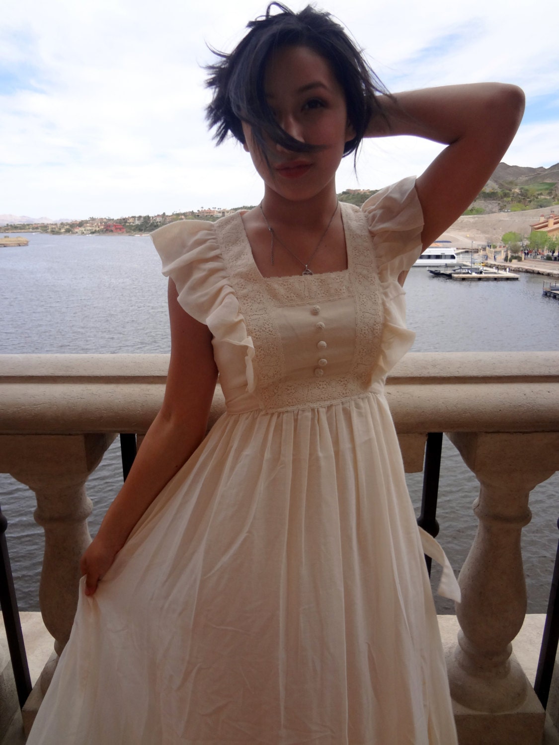 70s Boho Festival Chic Cream Vintage Wedding Dress - SMALL - Hippie, 1970s, Bohomian - Candi Jones