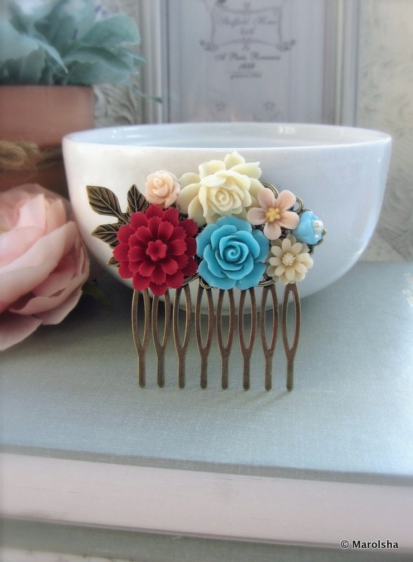 A Red Chrysanthemum Turquoise Blue, Ivory Rose, Brass Leaf, Baby Blue Art Nouveau Antiqued Brass Flower Collage Hair Comb. Bridesmaid Gift.