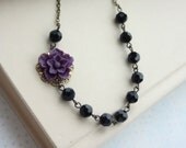 A Dark Purple Amethyst Sakura Flower, Black Faceted Glass Beads Necklace.  Purple and Black Wedding. Bridesmaids Gift.