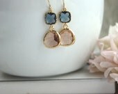 Peach Champagne Gold Plated Glass Pear Drop, Montana Blue Dangle Earrings.  Modern Everyday. Wedding. Bridesmaids Earrings. Peach Wedding