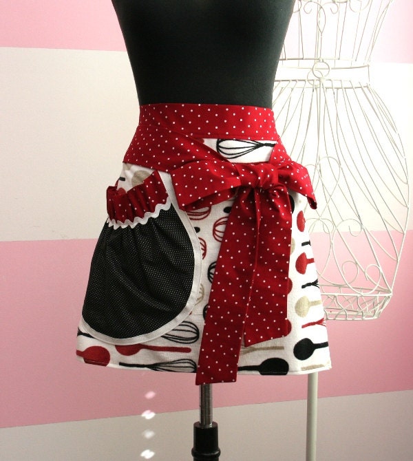 Womans Apron - Towel Waist Apron - Red Kitchen Utensils - LAST ONE