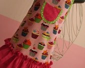 Child Ruffle Apron - Pink and Green Cupcake - size 7-10