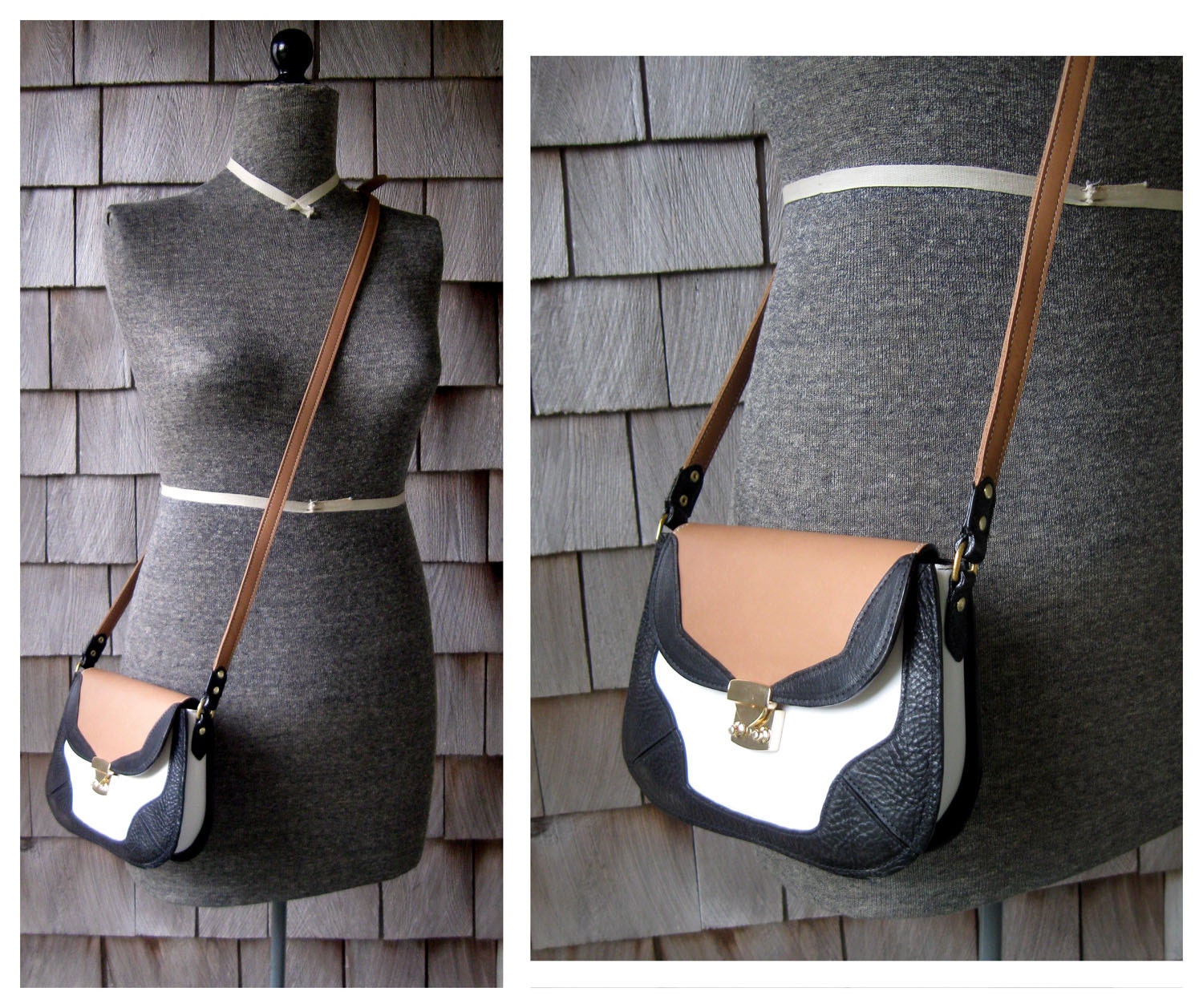 Leather Crossbody Bag// Mini Tricolor Leather Satchel// Black White and Tan// Handmade High Fashion