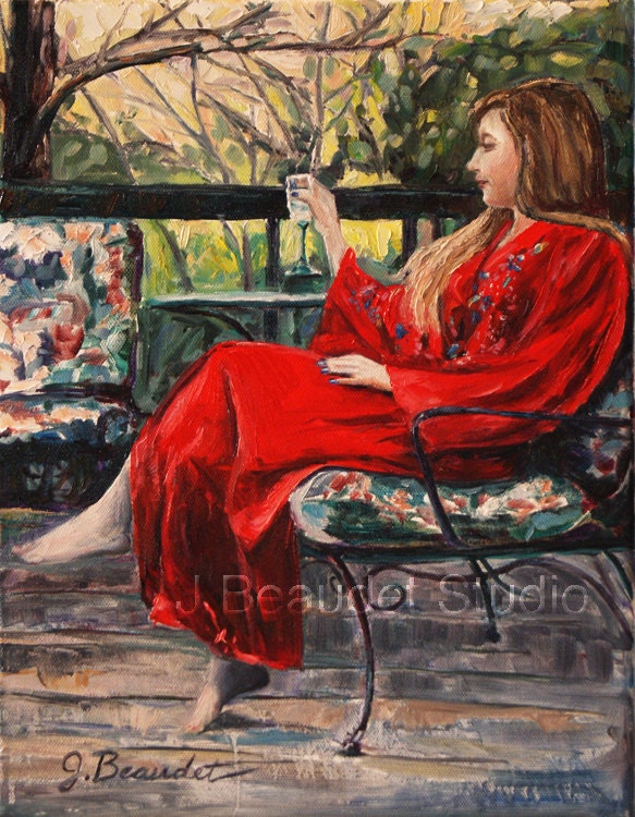 Print of Original Oil Painting woman figure Red dress Impressionist  J Beaudet