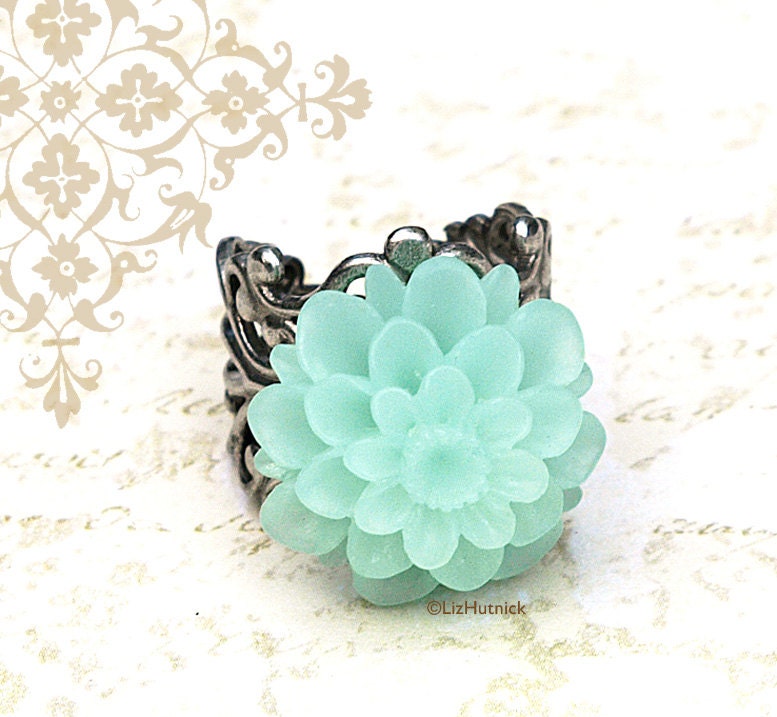 Mist. Light Mint Mum Ring. Adjustable Cocktail Ring. Flower Rings by Liz Hutnick