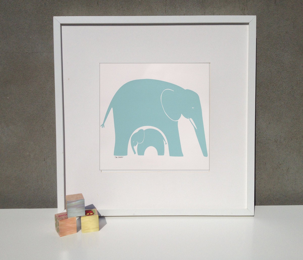 SALE - Elephant Art - Mom with Baby - Handprinted for your nursery