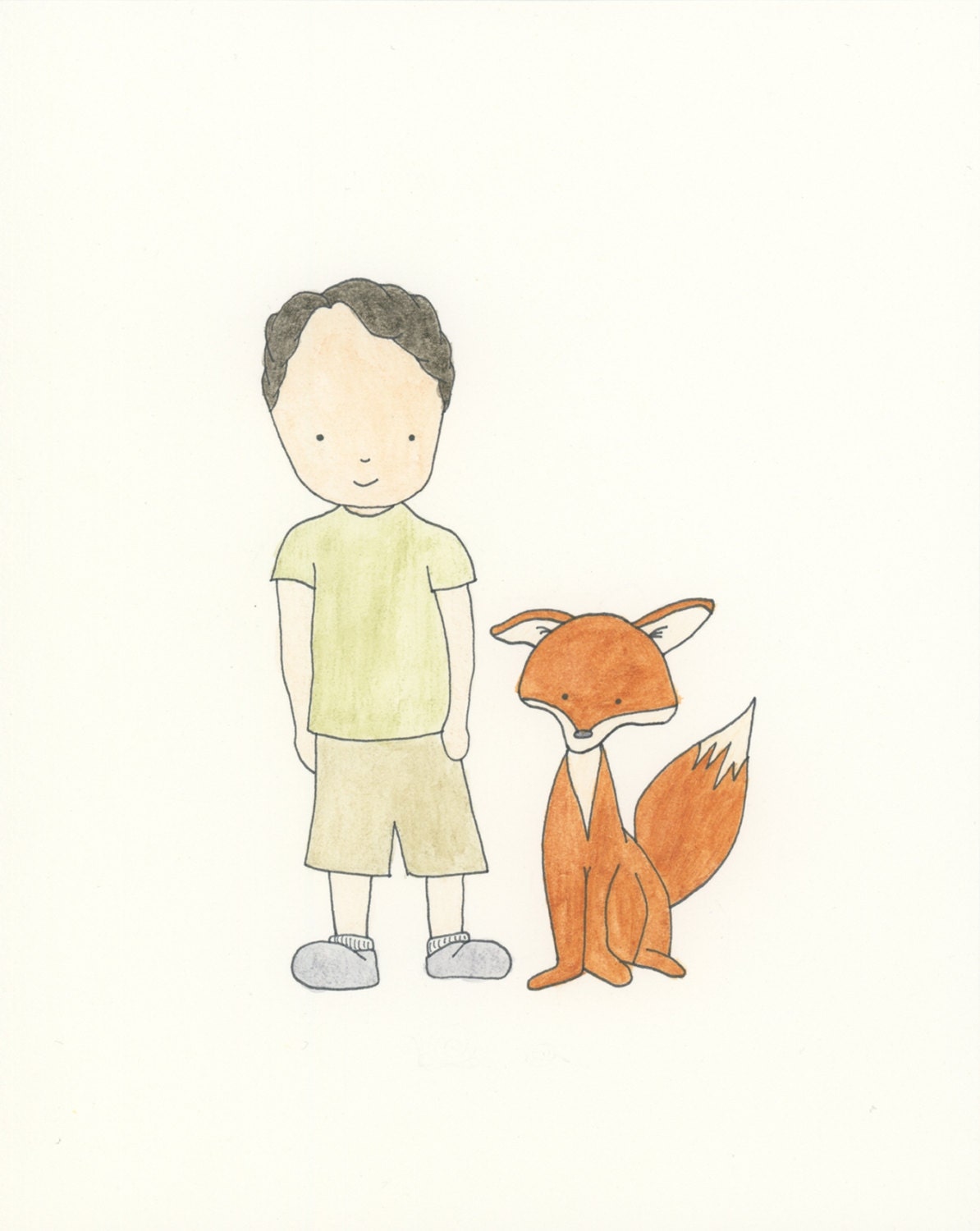 Boy Art Print, Boys Room Decor, Boy With Fox Friend, Painted With Watercolors, 8x10 Giclee Children's Art Print