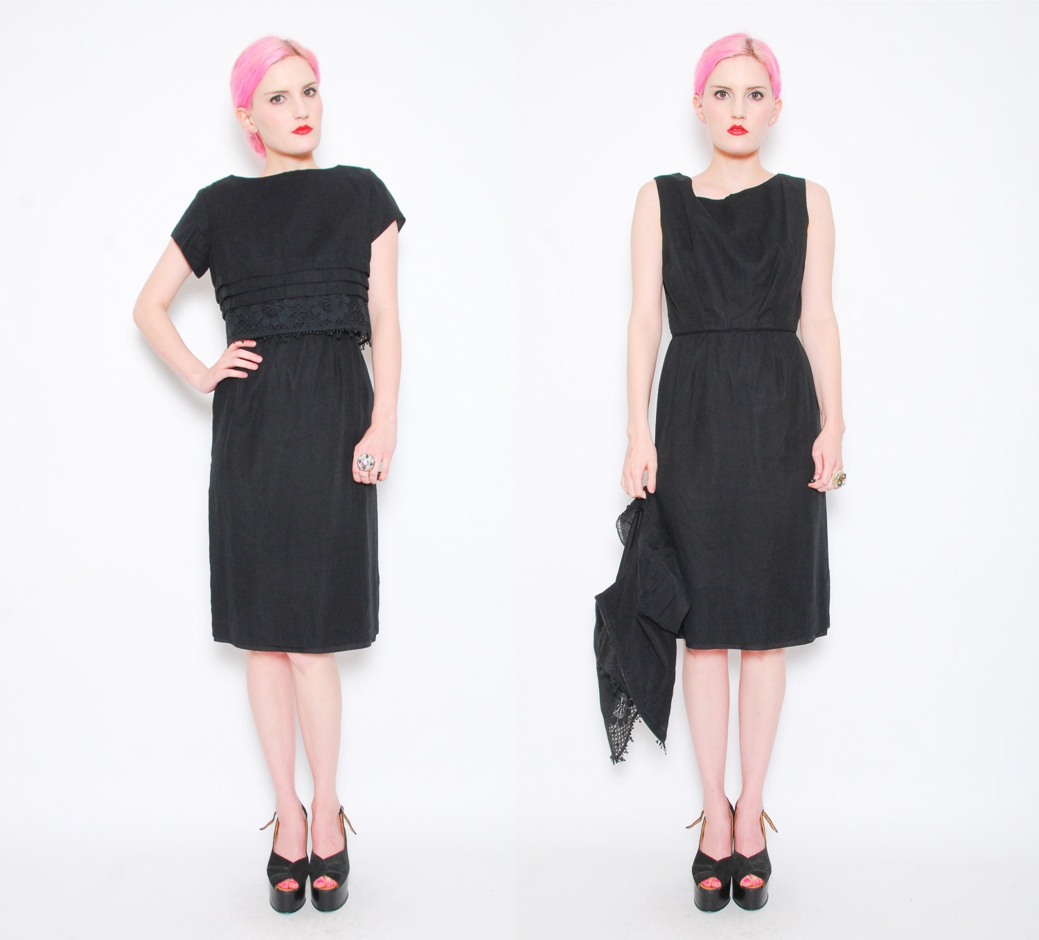 50s 60s Black Sheath Wiggle Dress with Lace Trimmed Crop Top - 1960s Owen Vidal Cotton Party Cocktail Dress - S 2 4 6