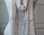 SALE - Large Jersey scarf with vintage inspired LACE hems by FAIRYTALE13 - natural, stone, beige, cream tone.