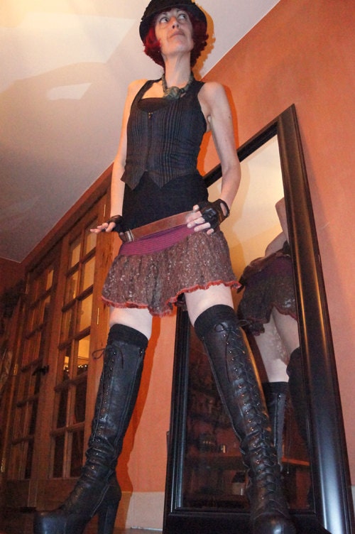 Skirt - Burning Man - Bohemian Gypsy - Pixie Fairy - Tribal Dance Fusion - Rose Lycra - Brown Lace - Sexy - Size Large