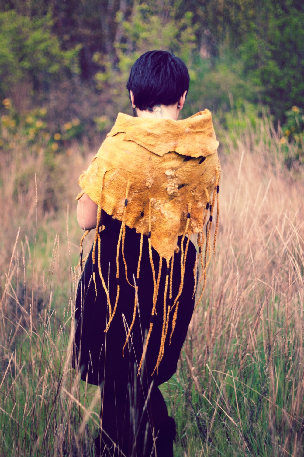 Felted triangle scarf, merino, silk, hand dyed in golden brown, deerskin, OOAK by Parvana