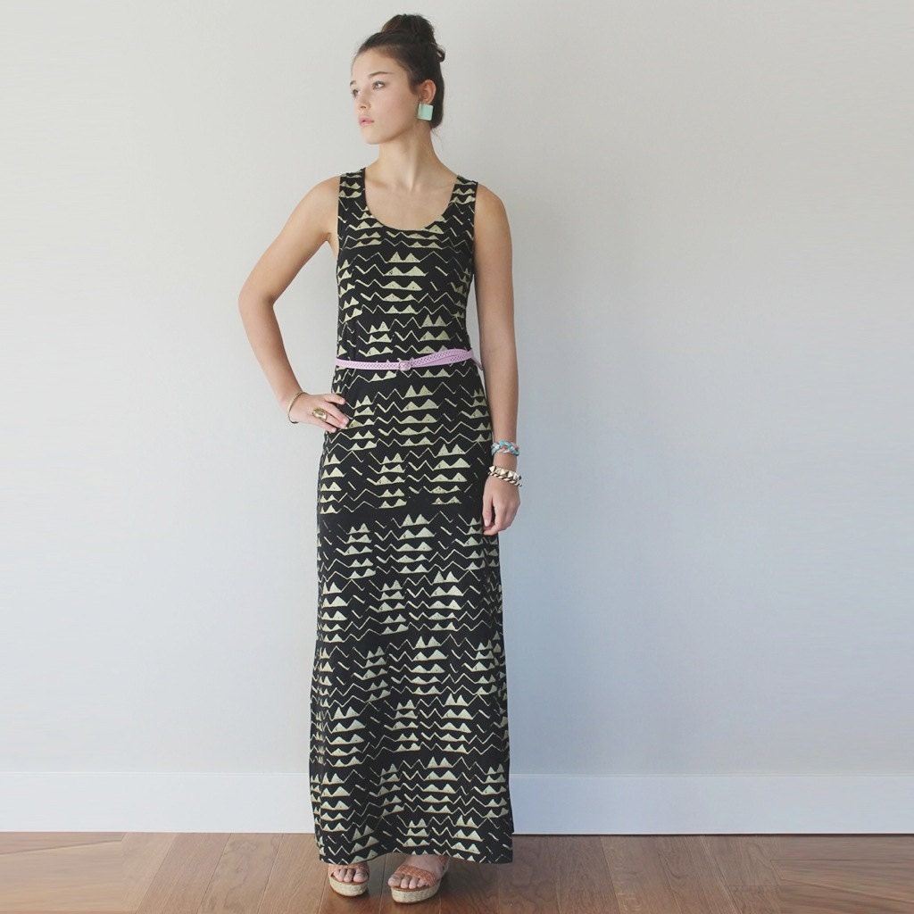 Hand Printed Organic Maxi Dress in Gold on Black 'Mountain' Print