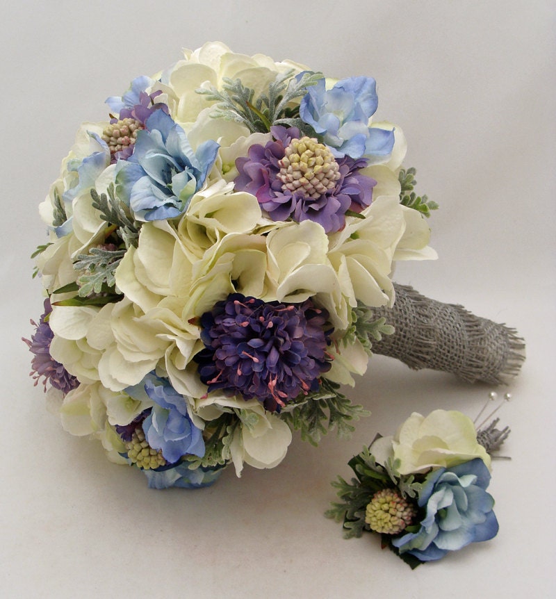 Blue Silk Flower Bridal Bouquet with Groom's Boutonniere - Wedding Bouquet Silk Flower Wedding Blue White Periwinkle Wedding Bouquet